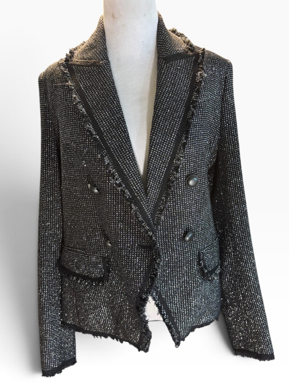 Veronica Beard Black Tweed Frayed-Edge Double-Breasted Blazer